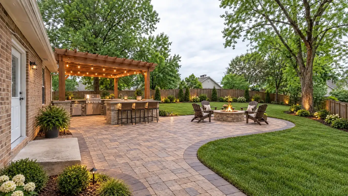The same backyard after a new paver patio, outdoor kitchen, pergola and fire pit