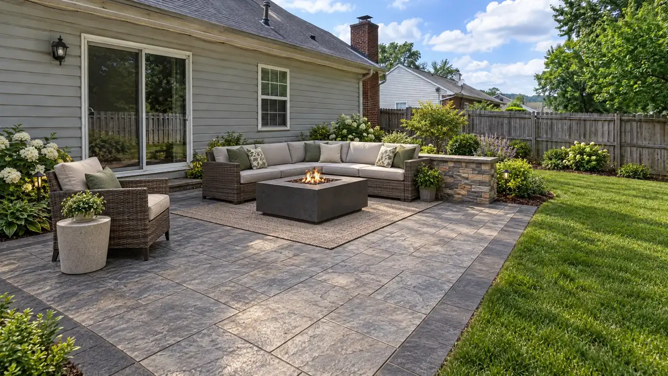 The same patio after a new stamped concrete surface, planter wall and fire table seating