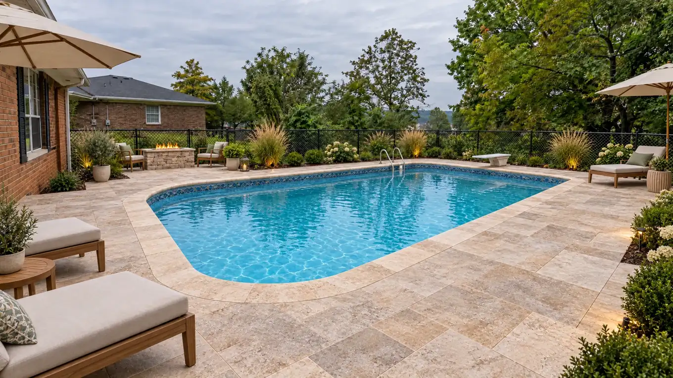 The same pool after a new travertine deck, coping, loungers and planting beds