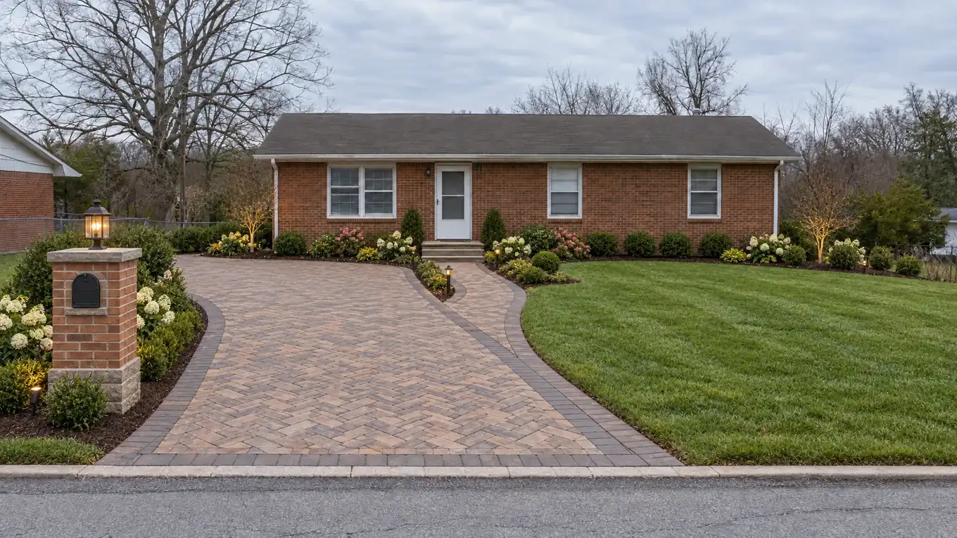 The same driveway after new herringbone pavers, a paver walkway and a brick mailbox column