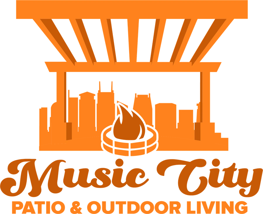 Music City Patio & Outdoor Living logo, a pergola over the Nashville skyline with a fire pit