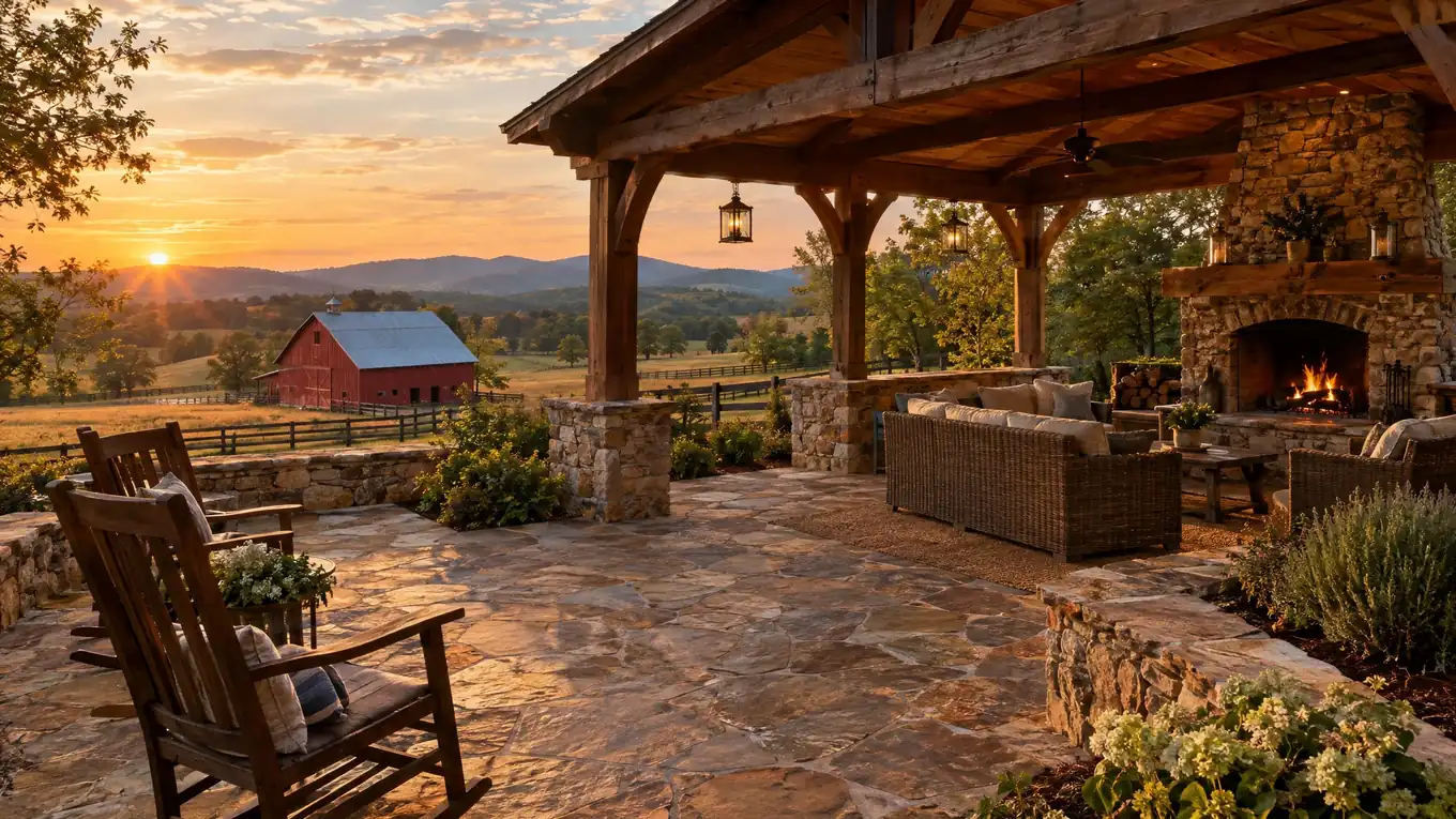 Rustic Tennessee stone patio with a timber pavilion, stone fireplace and red barn in the background