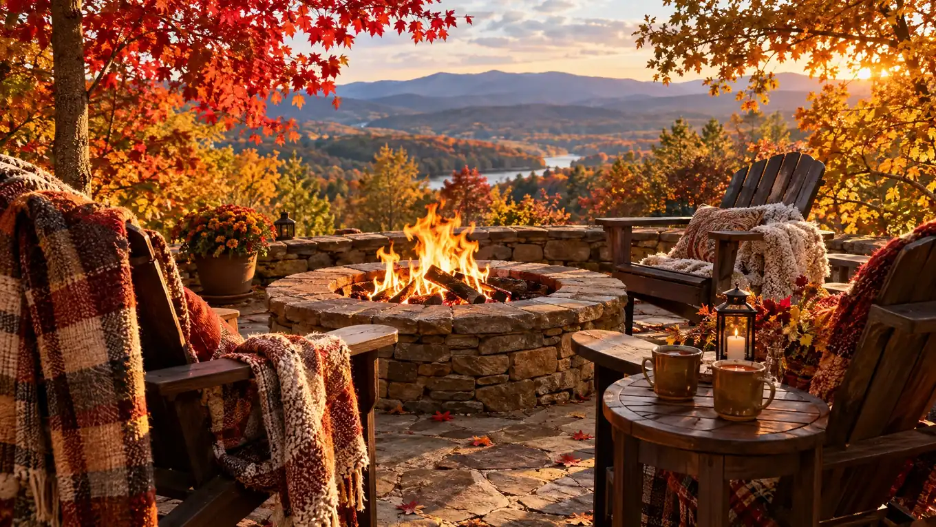 Autumn patio in Tennessee with a stone fire pit, blankets and red and gold leaves