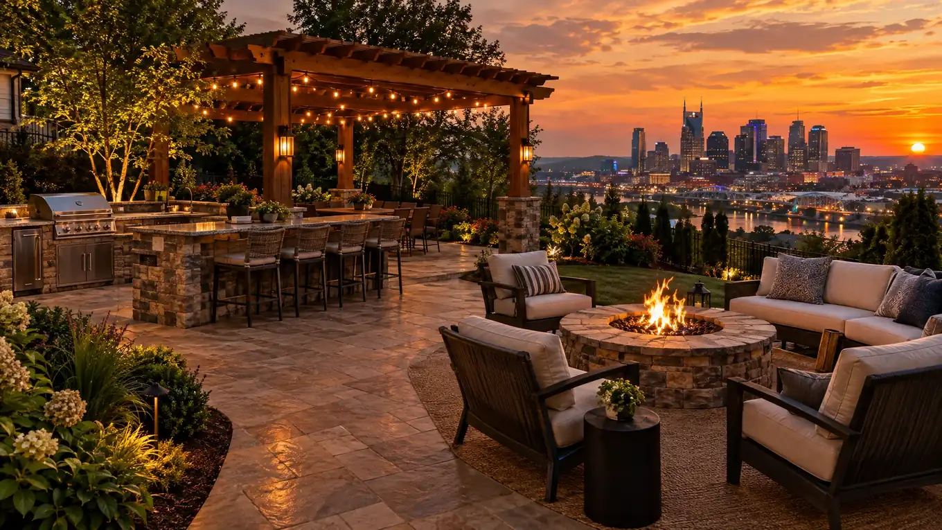 Luxury Nashville backyard patio at golden hour with an outdoor kitchen, fire pit, pergola and the city skyline in the distance