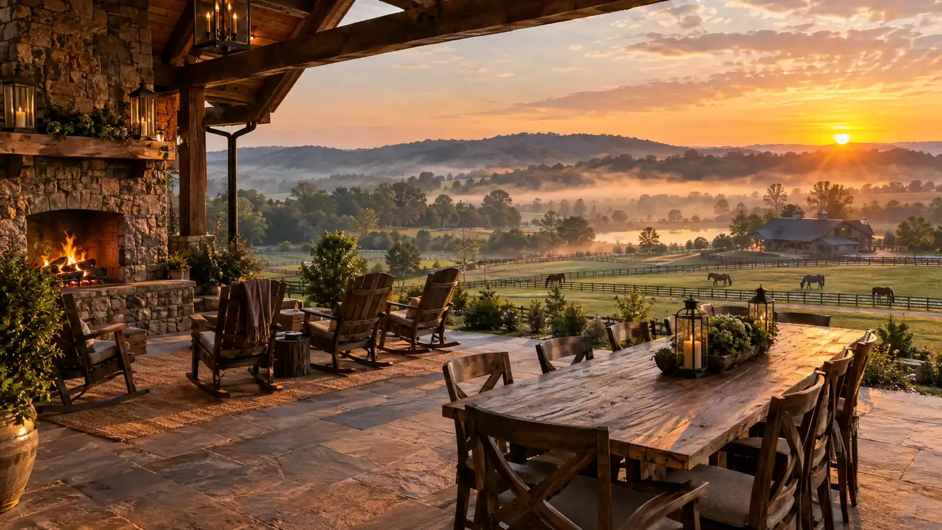 Rolling Tennessee hills at sunrise seen from a stone patio with an outdoor fireplace and long dining table