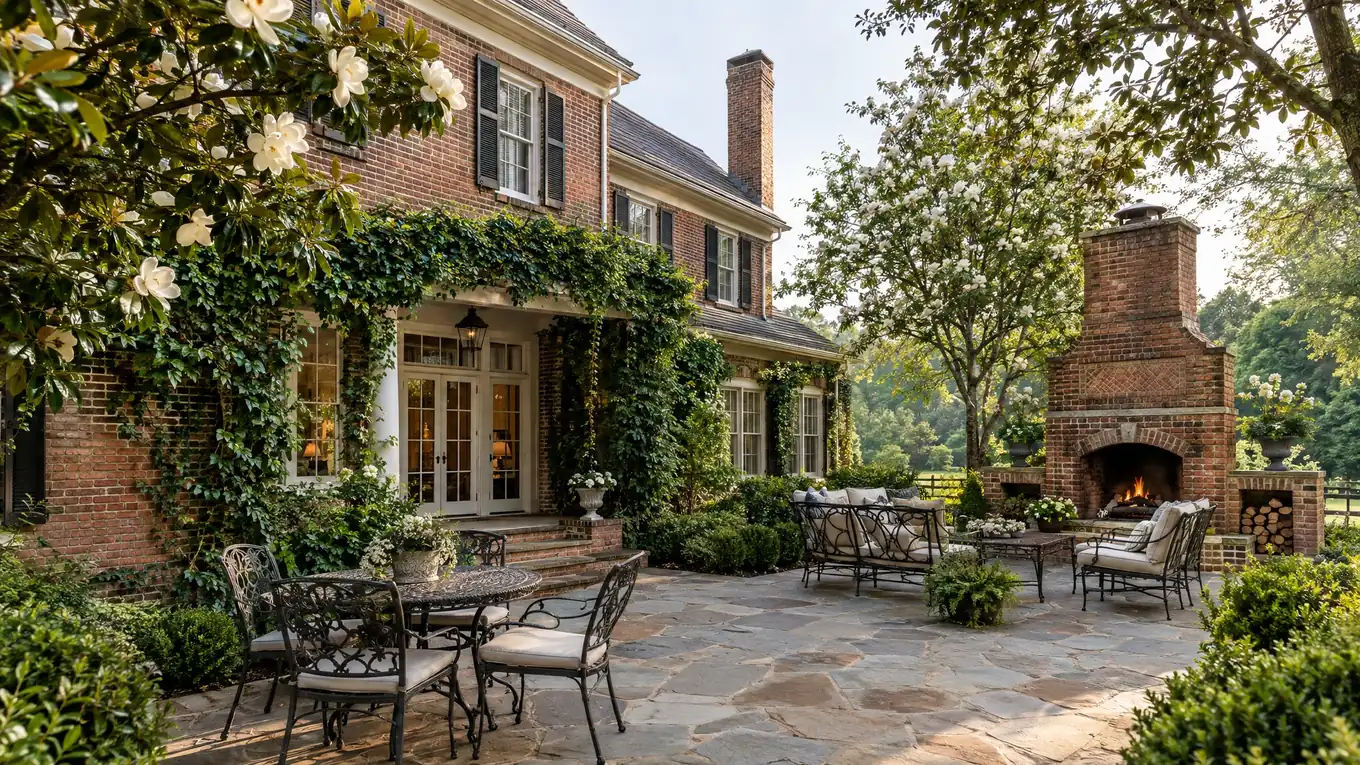 Historic Southern brick home with a flagstone patio, outdoor brick fireplace and magnolia trees