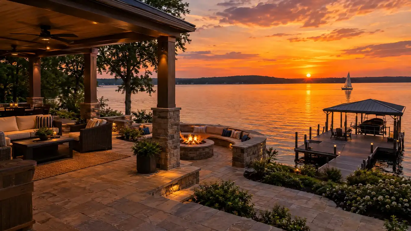 Lakeside patio on a Tennessee lake at sunset with a covered pergola, fire pit and dock