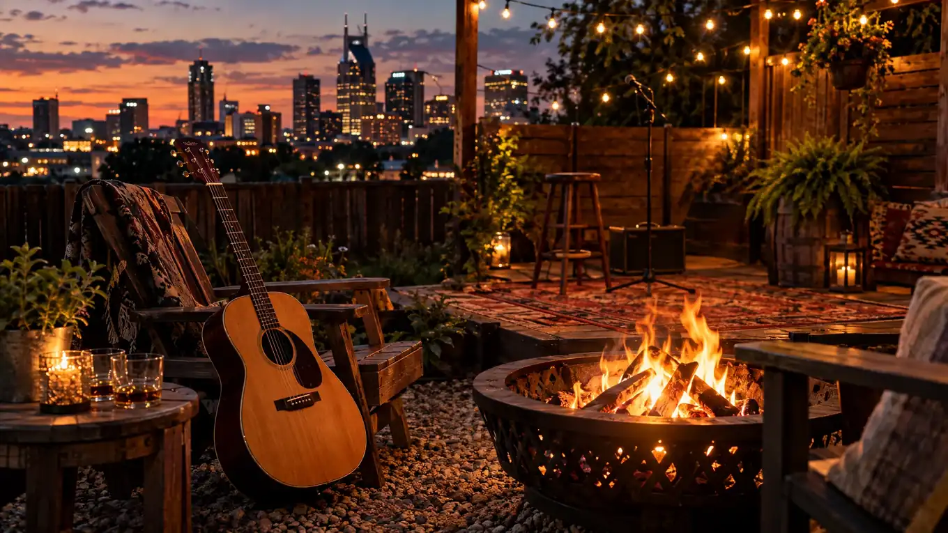 Acoustic guitar beside a glowing fire pit on a Nashville patio with string lights