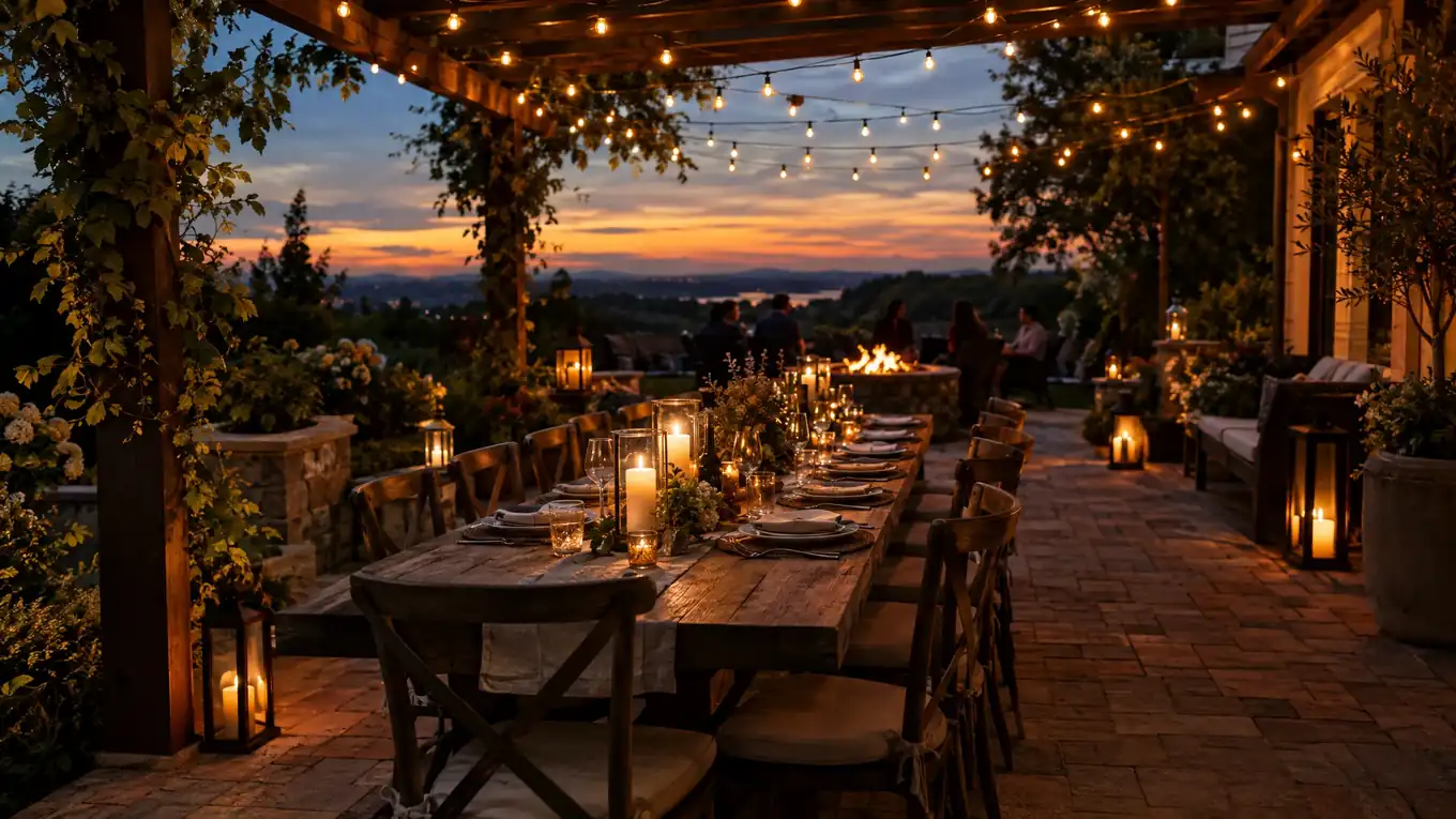 Backyard dinner party at dusk with a long table under a pergola with glowing string lights