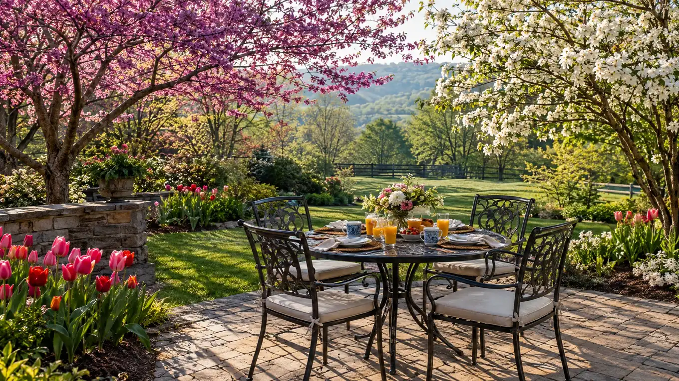 Paver patio in spring surrounded by blooming redbud and dogwood trees in Middle Tennessee