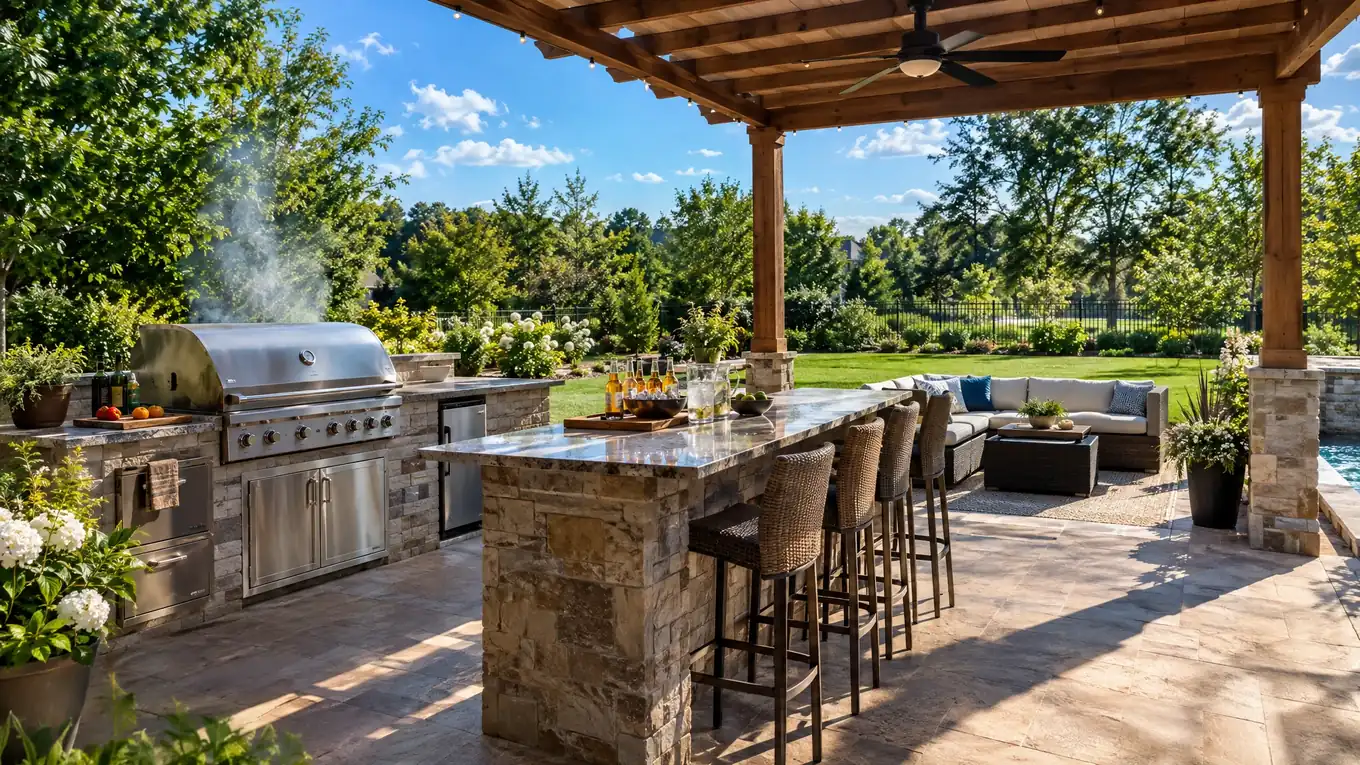 Summer cookout at a built-in outdoor kitchen with a grill, bar and pergola on a backyard patio