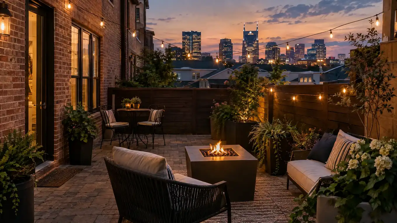 East Nashville townhome courtyard patio with brick walls, a fire table and the skyline above the rooftops