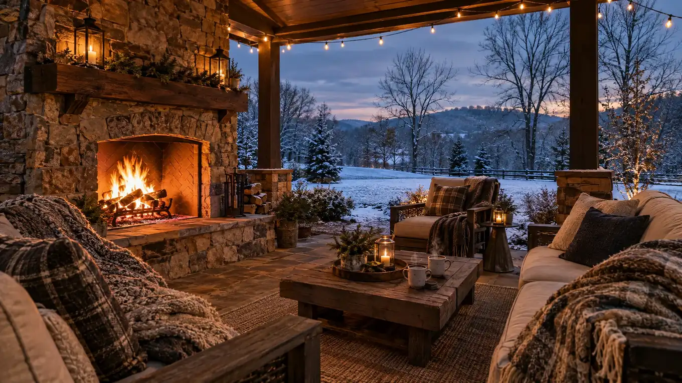 Frosty winter evening on a covered Tennessee patio with a roaring outdoor stone fireplace