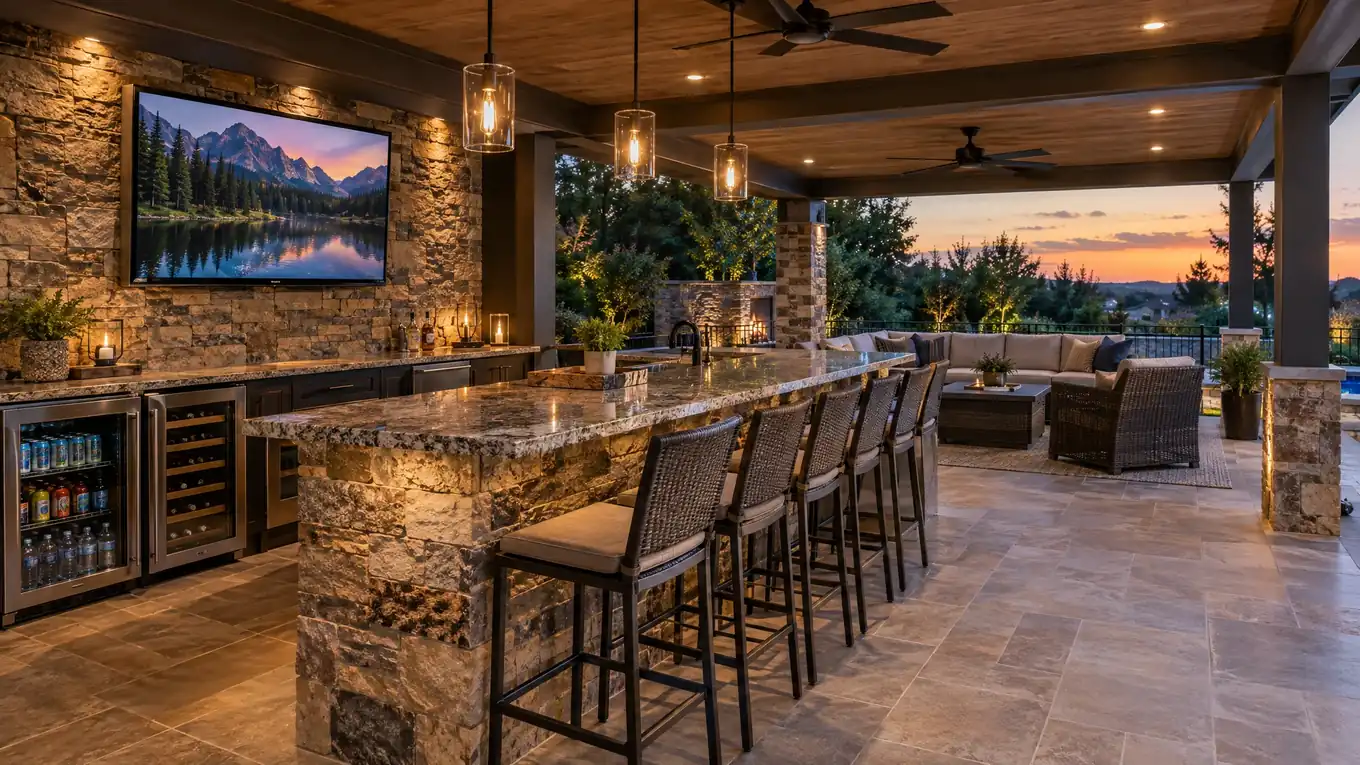 Outdoor Bar and Entertainment Area | Music City Patio Outdoor bar on a covered patio with a granite-topped stone bar, stools, mounted TV and beverage center