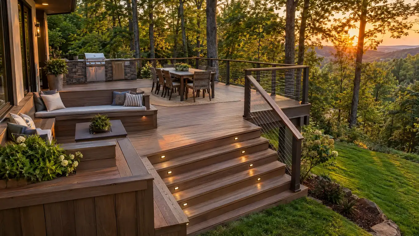 Multi-level composite deck with bench seating, cable railing, dining set and grill station
