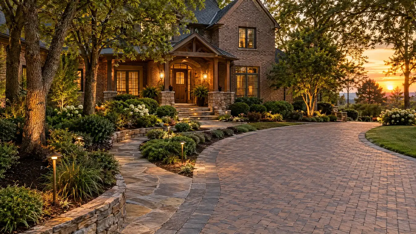 Curving herringbone paver driveway and stone-bordered walkway leading to a brick front porch