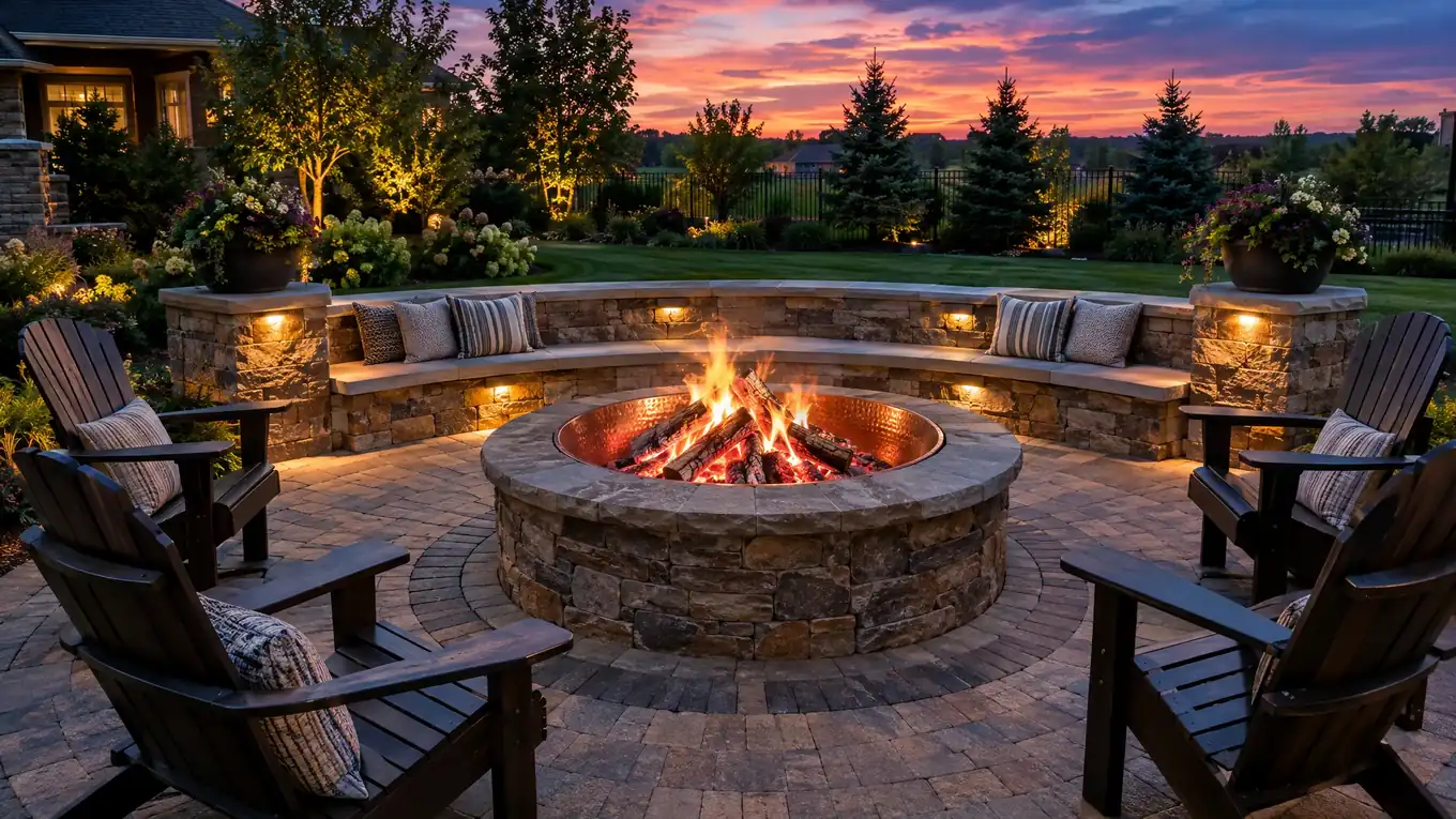 Built-in stone fire pit with a hammered copper insert on a circular paver patio with a curved seat wall