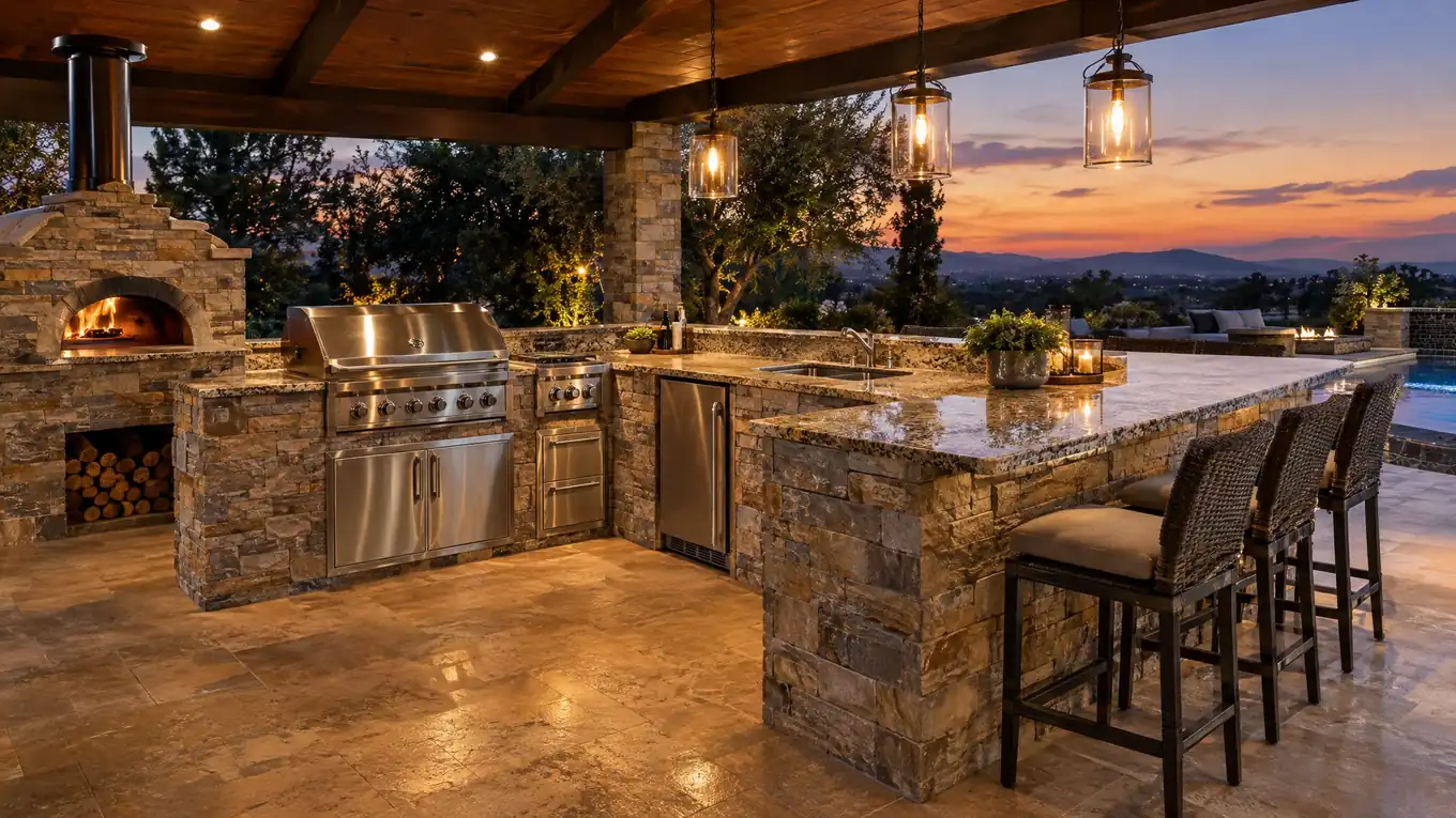 Outdoor kitchen on a covered patio with a stone island, grill, bar seating and a pizza oven
