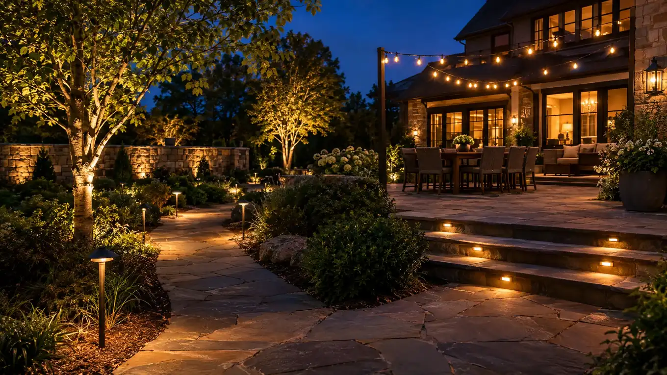 Landscape and patio lighting at night with path lights, uplit trees, step lights and string lights