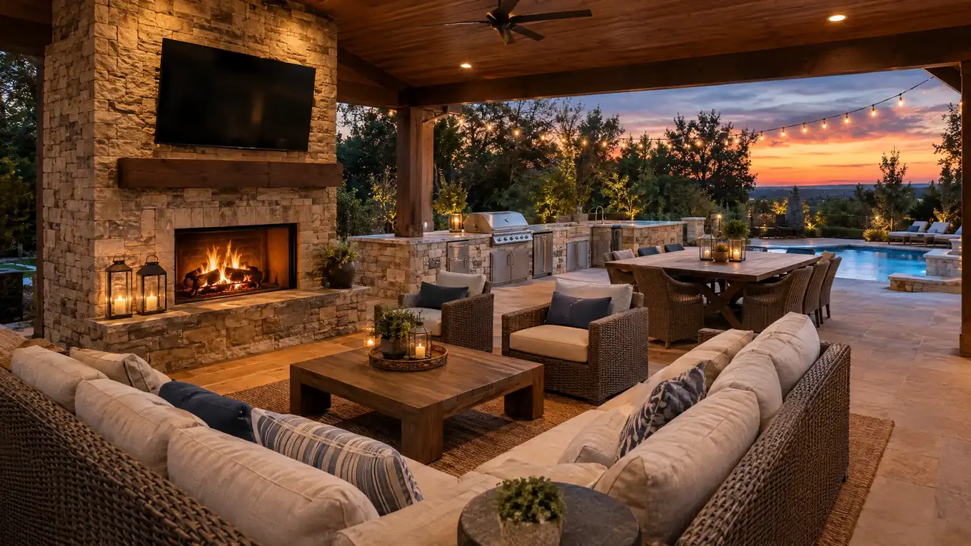 Complete Outdoor Living Space | Music City Patio Covered patio with a stone fireplace, mounted TV, lounge seating, kitchen and dining at dusk