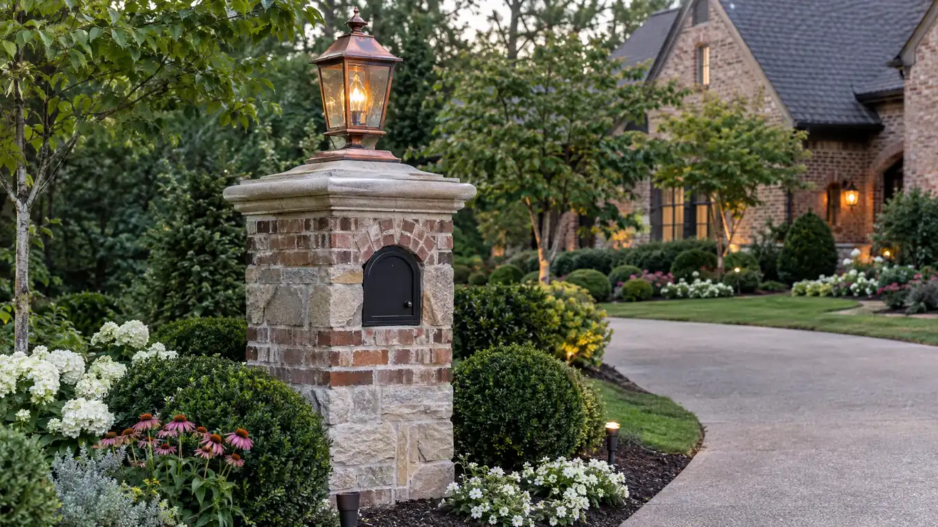 Custom brick and stone mailbox column with a decorative cap and copper lantern at the end of a landscaped driveway