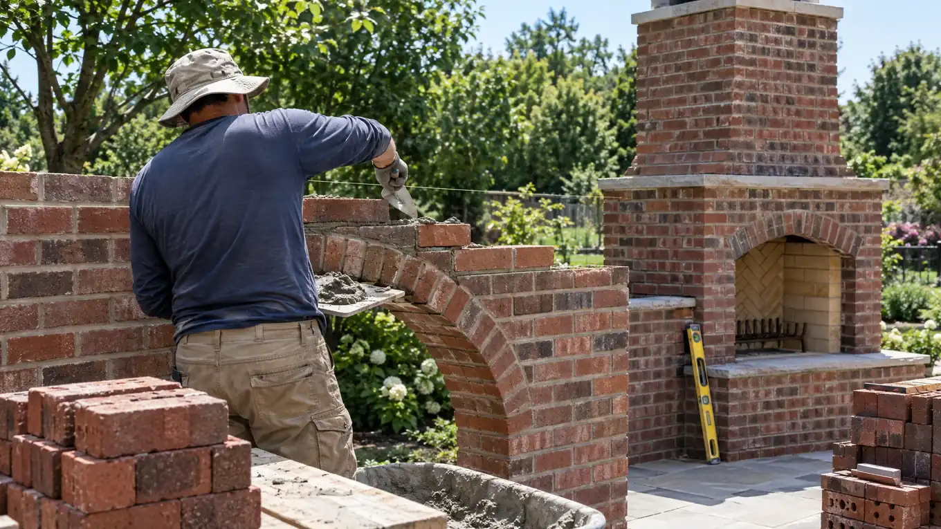 Mason laying brick on an arched garden wall and an outdoor brick fireplace