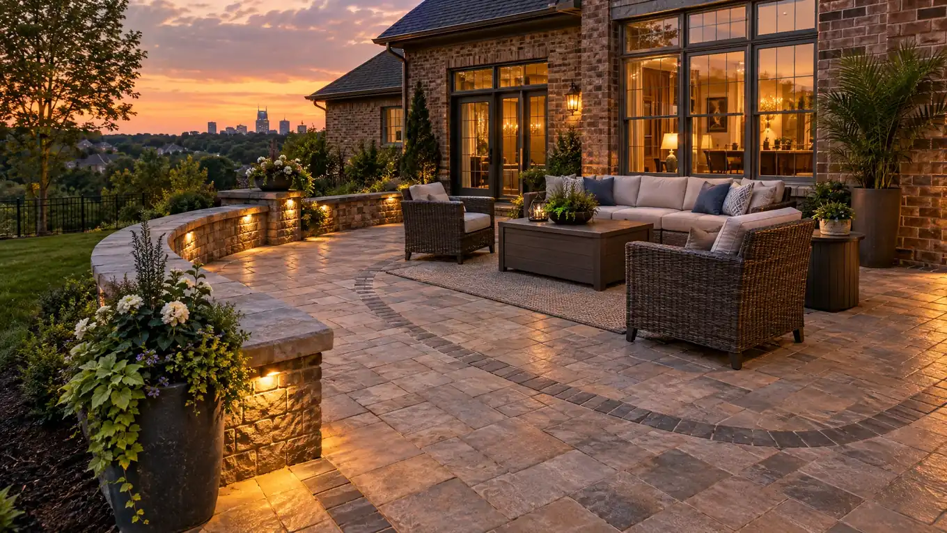 Custom curved paver patio in a Nashville backyard with a border, seat wall and lounge furniture