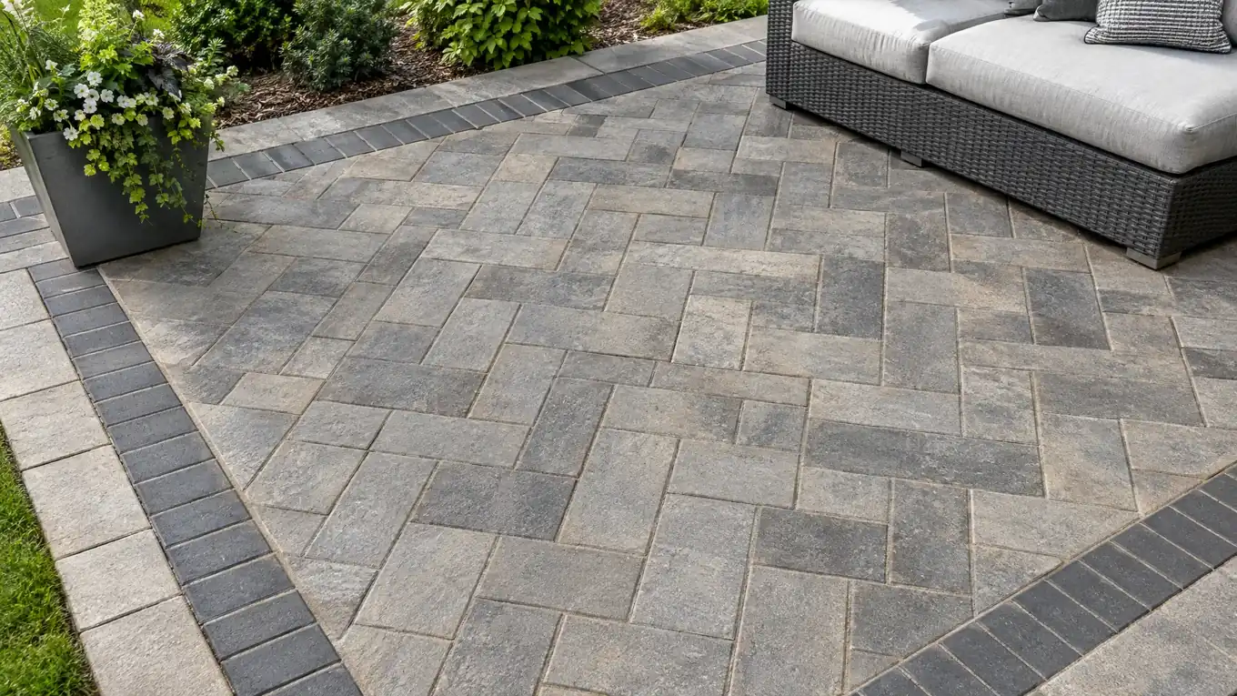 Herringbone Paver Patio | Music City Patio Large herringbone paver patio with a soldier-course border in warm gray and charcoal