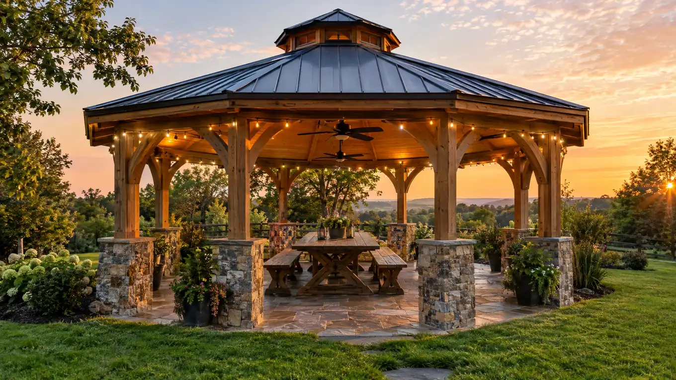 Timber Backyard Pavilion | Music City Patio Timber-frame backyard pavilion with a standing-seam metal roof, stone piers, ceiling fans and string lights