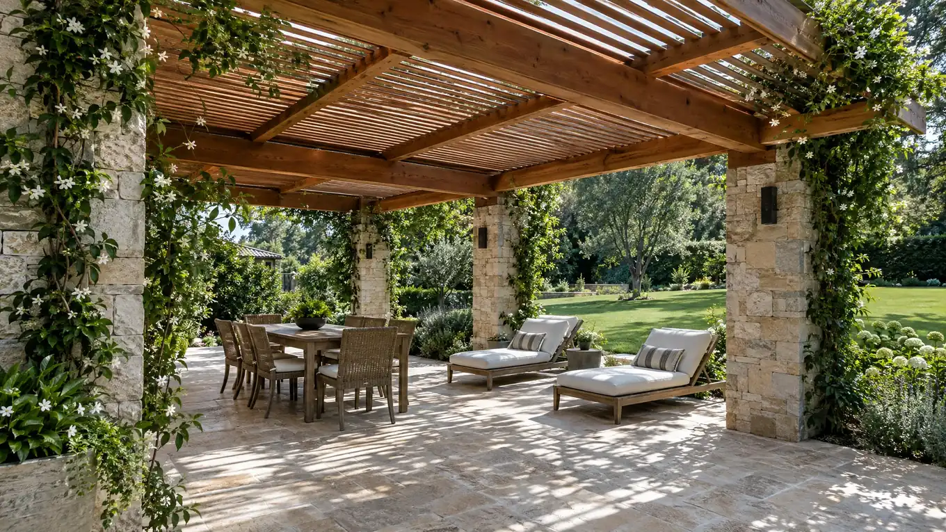Cedar louvered pergola with stone columns over a travertine paver patio with dining and lounge seating