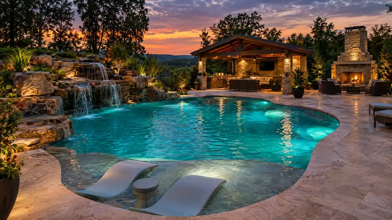 Custom swimming pool in a Tennessee backyard with a stone waterfall, travertine deck, cabana and outdoor fireplace at dusk