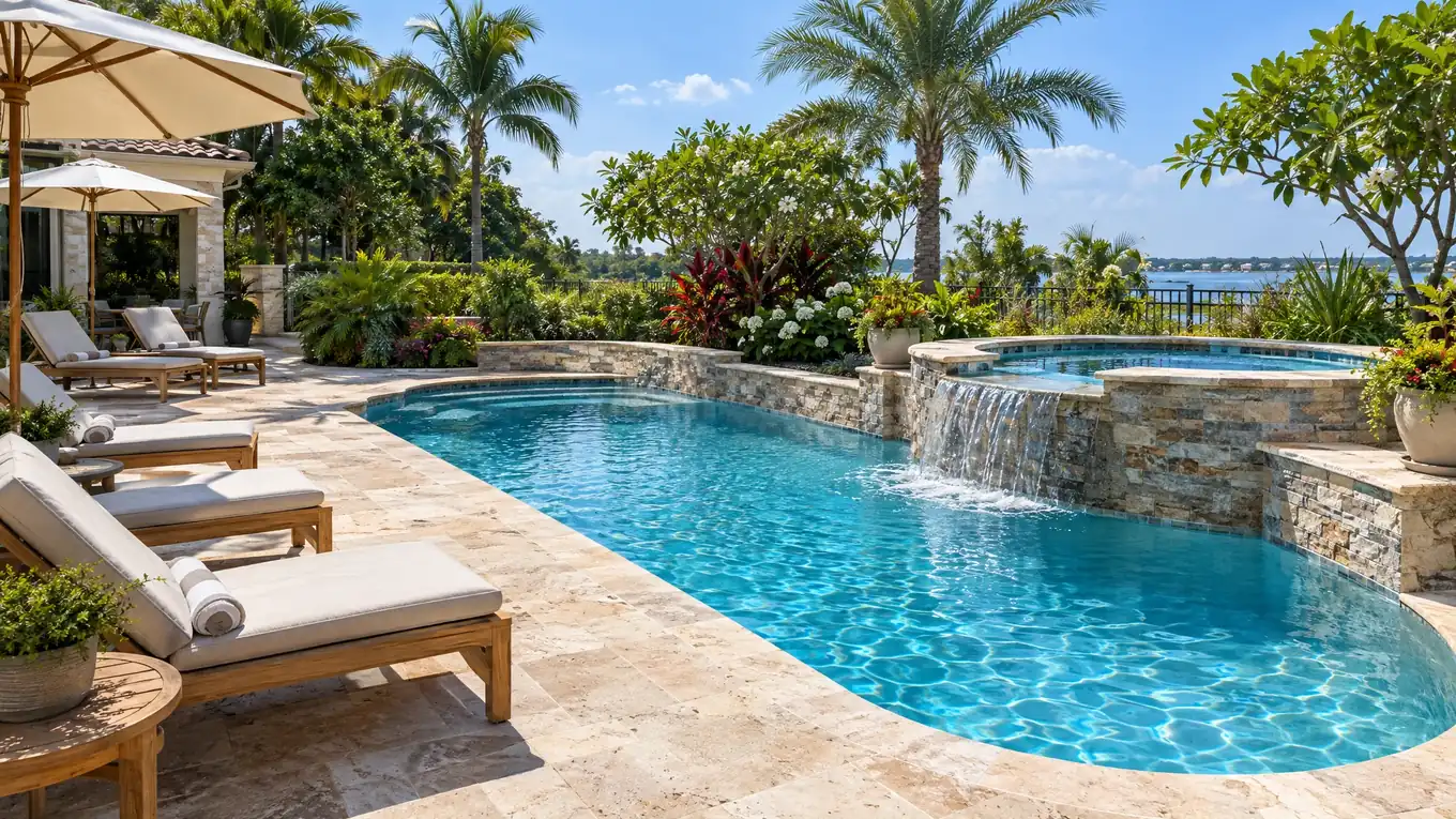 Resort-style travertine pool deck with a raised spa, waterfall, loungers and stone coping