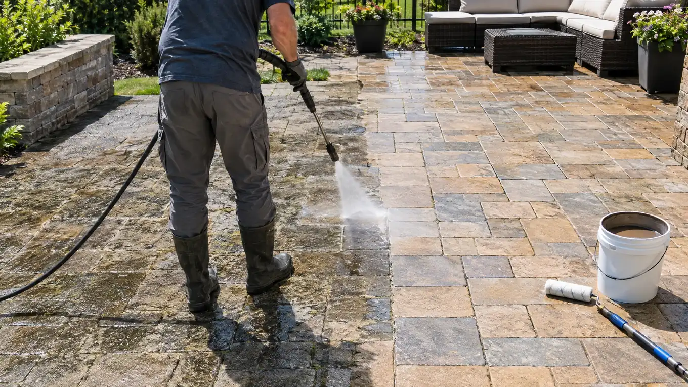Worker power washing and sealing a paver patio, half cleaned and bright and half dull and stained