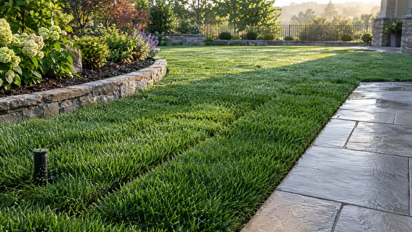 Freshly laid thick green sod lawn beside a new stone patio and garden bed