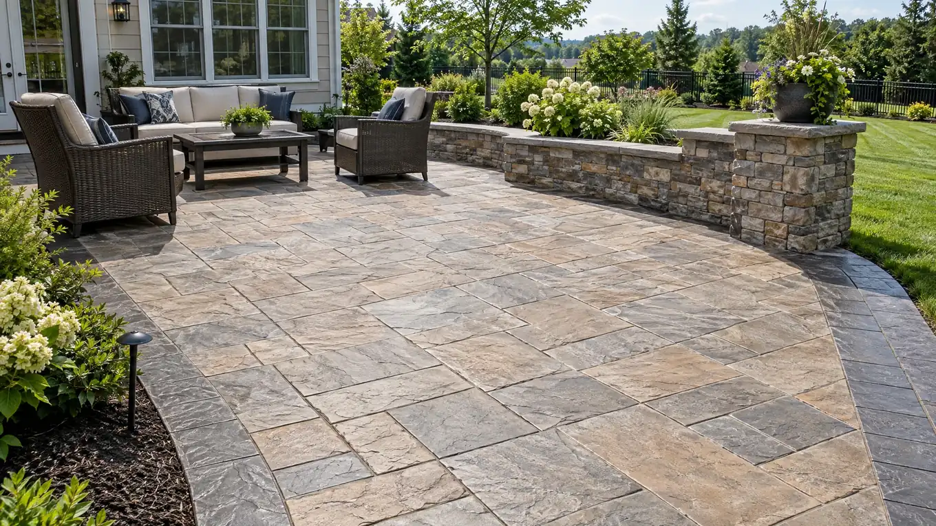 Stamped concrete patio in an ashlar slate pattern with a darker border and a stone planter wall