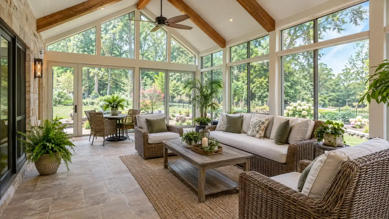 Bright sunroom and enclosed patio addition with floor-to-ceiling windows and a vaulted wood-beam ceiling