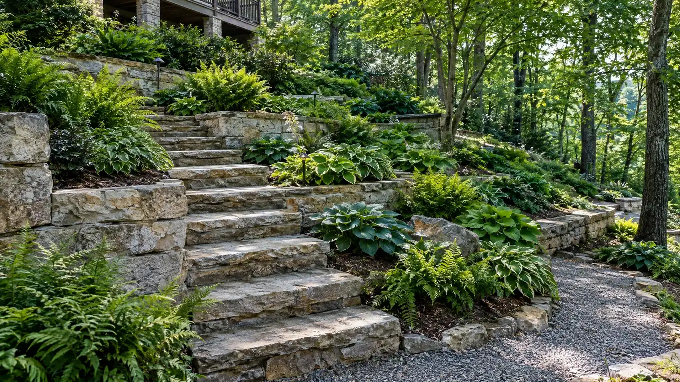Tiered natural limestone retaining wall with built-in steps terracing a sloped Tennessee backyard