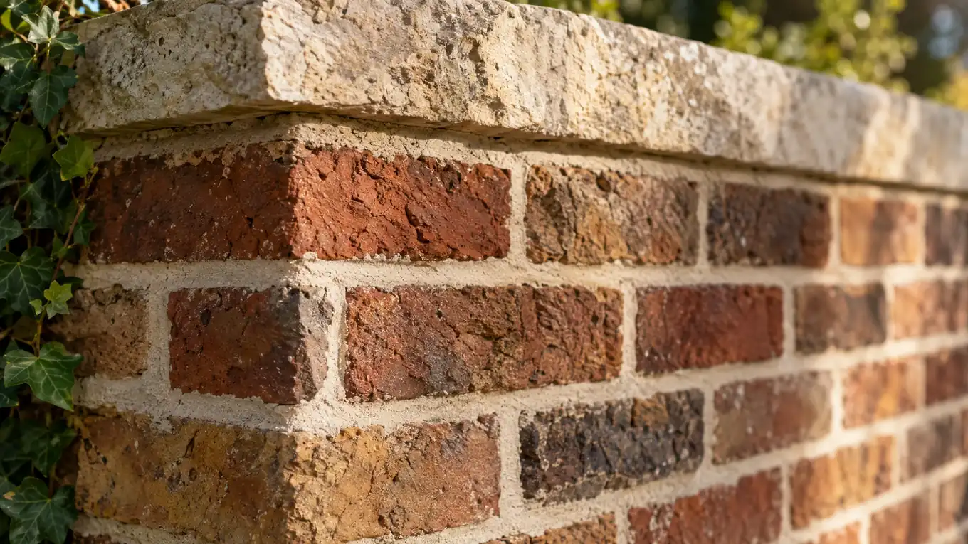 Close-up of handmade red-brown brick masonry with cream mortar and a limestone cap