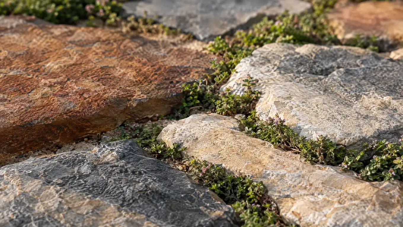 Close-up of natural flagstone and limestone in sand, gray and rust tones with creeping thyme