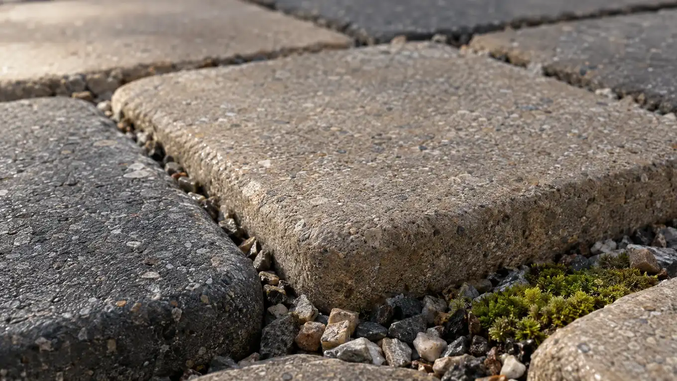 Close-up of tumbled concrete pavers in warm gray, tan and charcoal tones